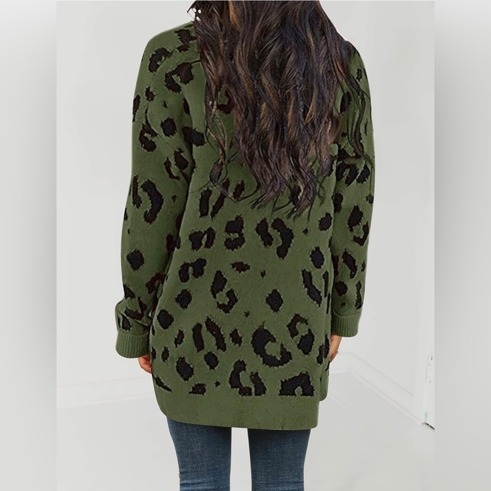 ZESICA Women’s Long Sleeve Open Front Leopard Print Cardigan Green Size Large - Picture 6 of 9